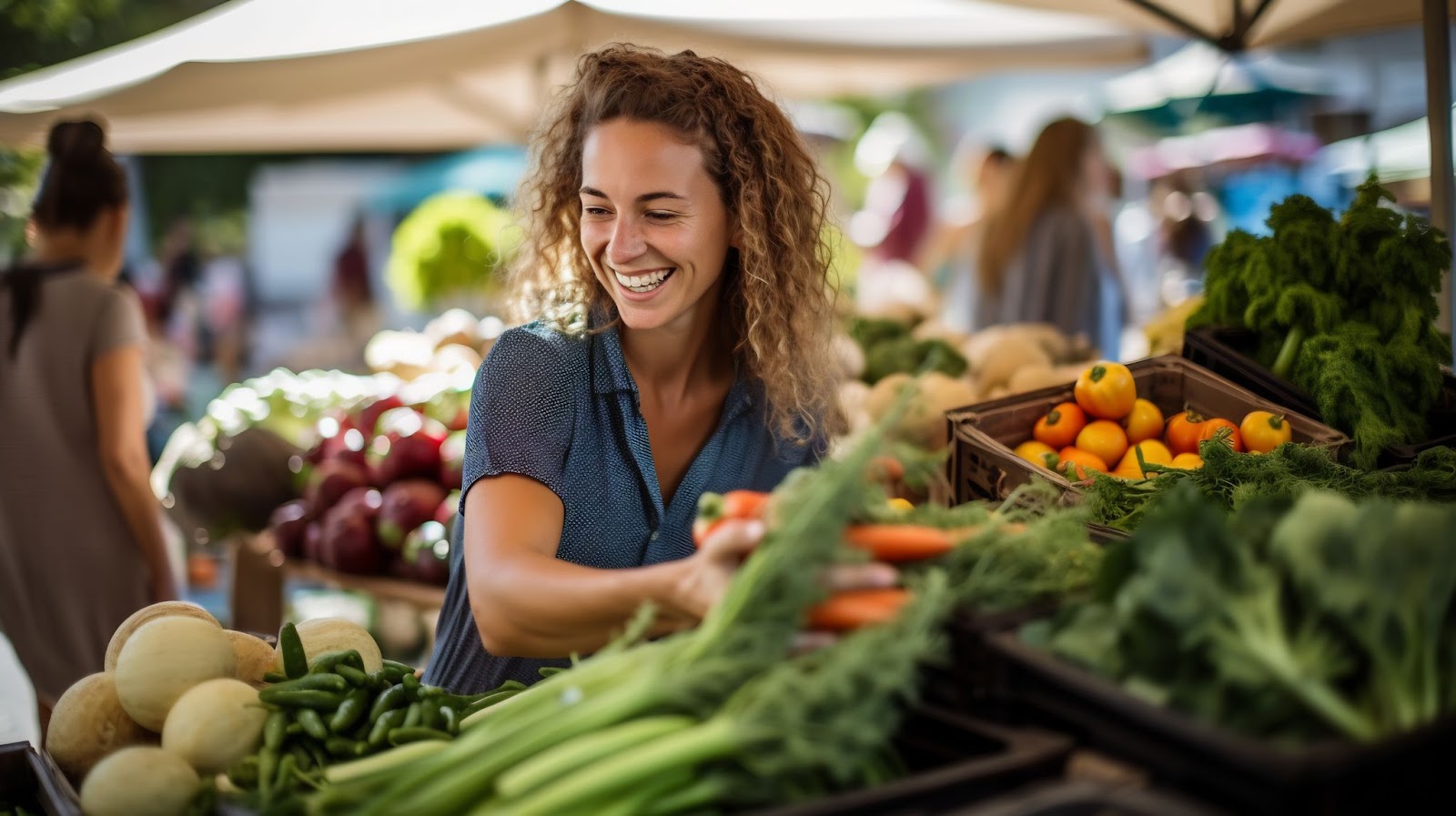 A woman smiles while shopping for seasonal produce at a Newport farmers market surrounded by vibrant local productsjpeg