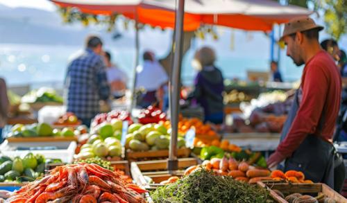 A vibrant outdoor market in Newport, showcasing shoppers selecting fresh, seasonal local produce and products.